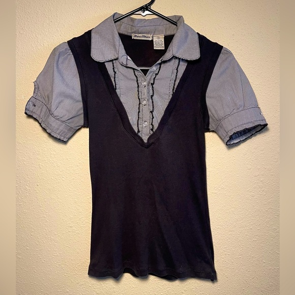 Layered Striped Short Sleeve Collar Top - Picture 2 of 5